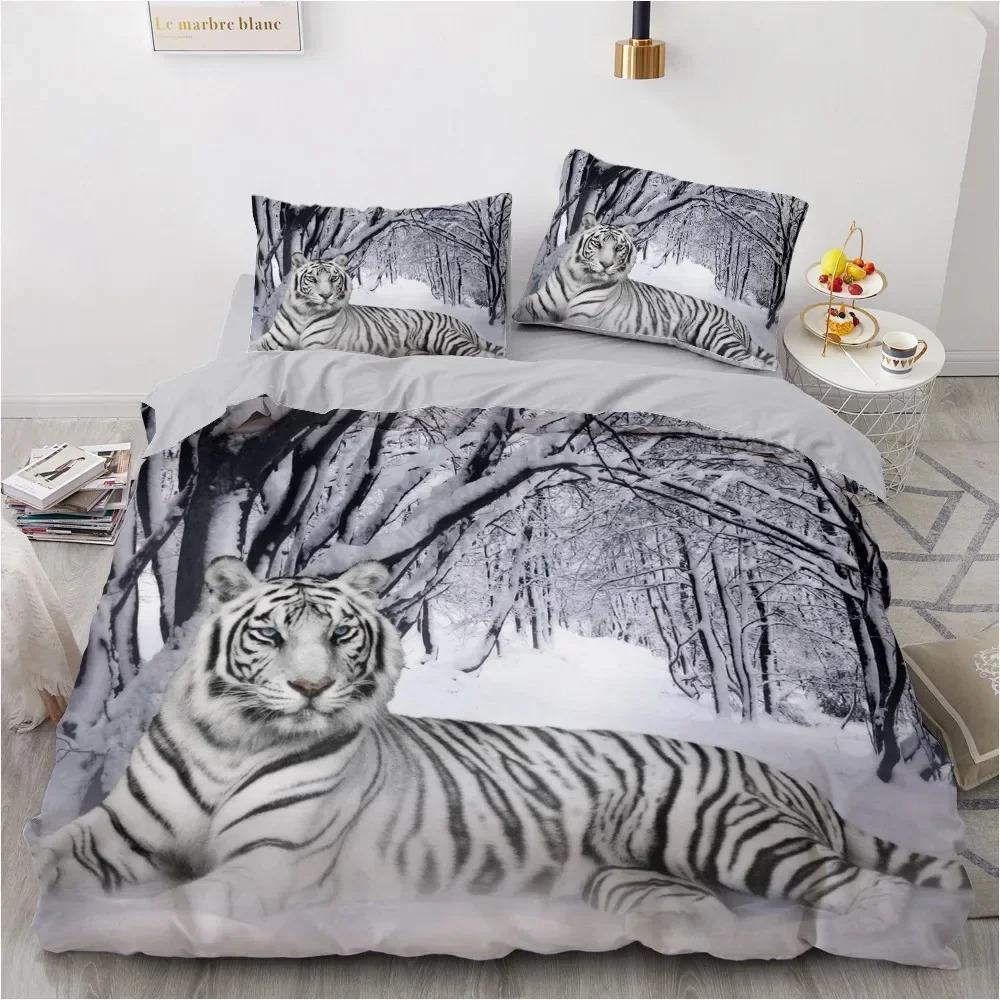 3D Bedding Set Black Duvet Quilt Cover Set Comforter Cover Pillowcase King Queen Size Animal Tiger Printed Polyester Quilt Cover