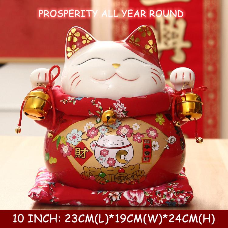 10 inch Ceramic Lucky Cat Money Bank Maneki Neko Fortune Cats Porcelain Happy Smiling Cat Figures Feng Shui Decor Ornament