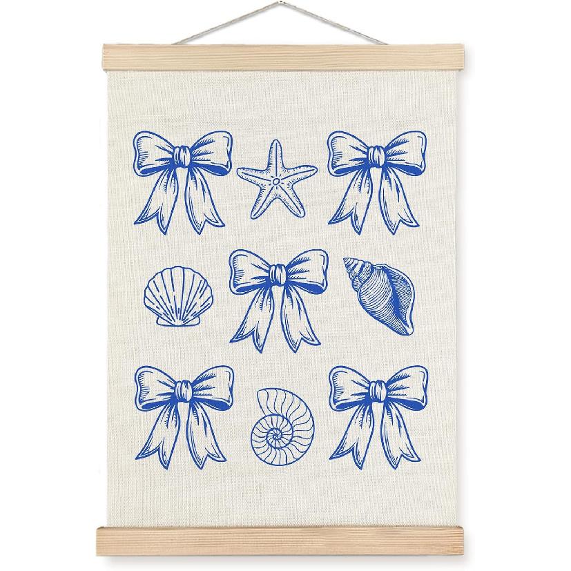 KRHFG Pink Coastal Beach Seashell Wall Art Poster Framed, Preppy Beach Room Decor, Trendy Pink Striped Ocean Seashell Beachy Hanging Canvas Prints Beach-Blue Bow