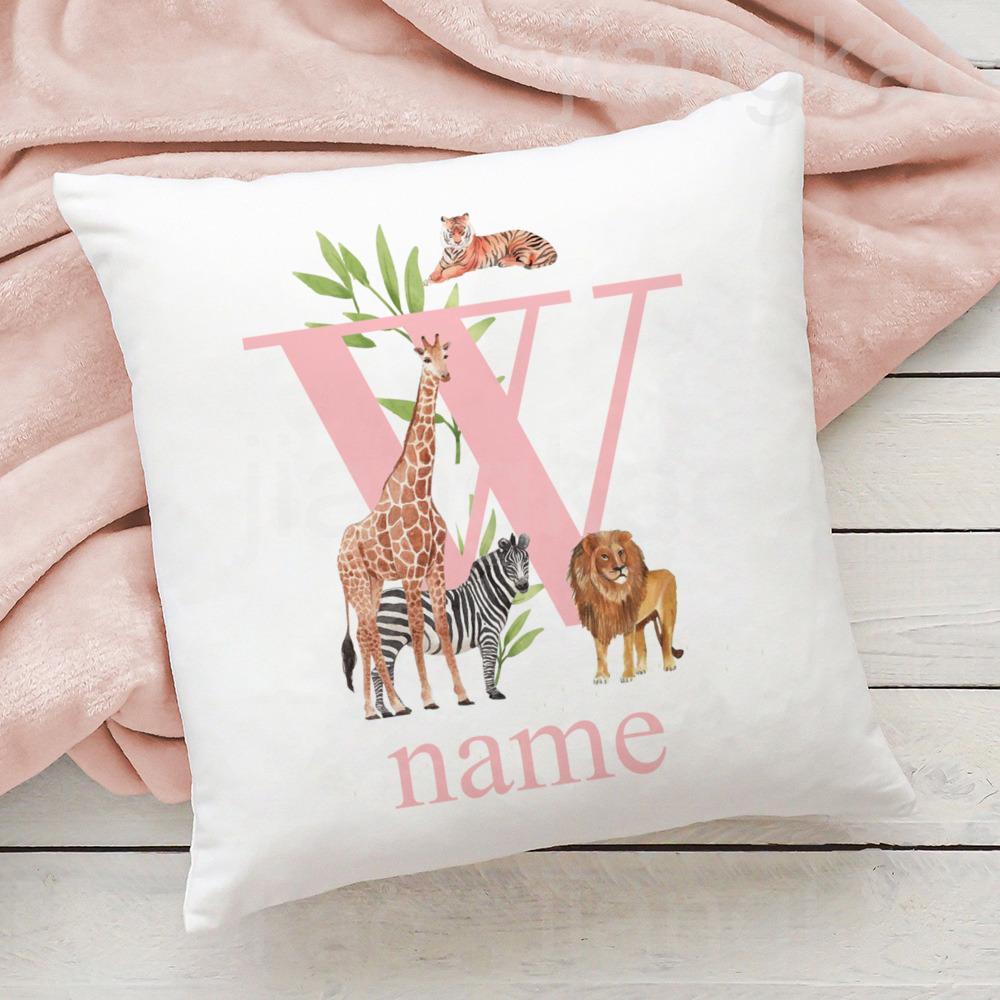 Personalized Pillow Case Initial with Name Safari Animal Pillow Cover Kids Bedroom Wild Party Decor Kids Birthday Shower Gift