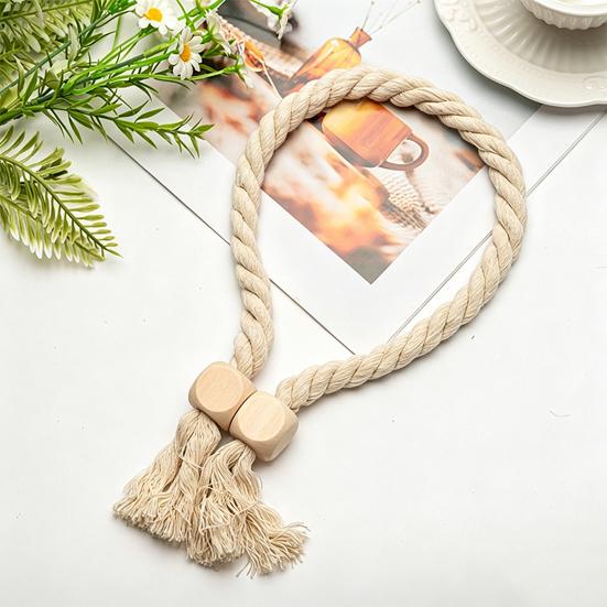 1Pc Boho Magnetic Curtain Tieback, Twisted Rope Wooden Bead Curtain Holders, Decorative Drapery Holdbacks for Bedroom Living Room