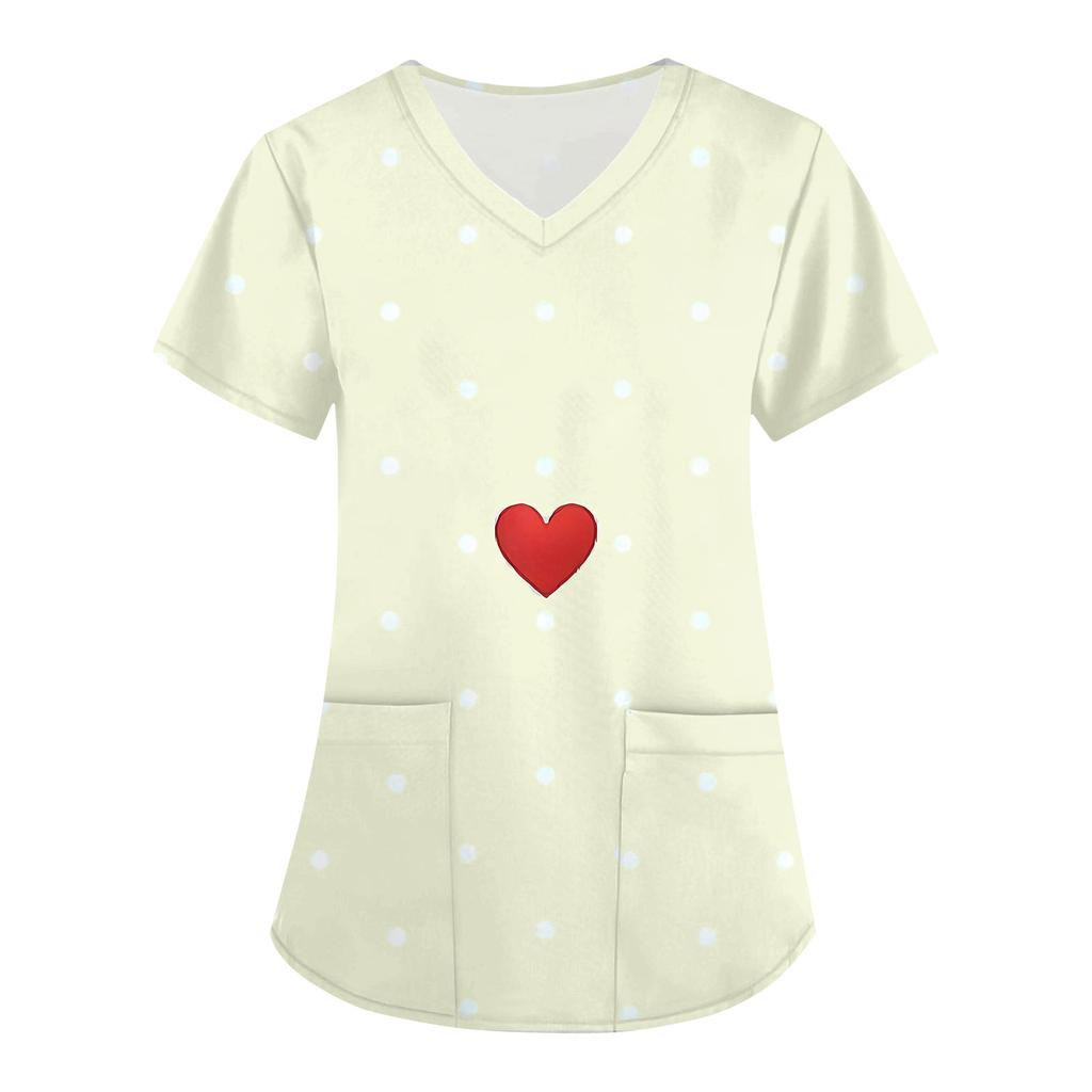 Women's Fashion V,Neck Short Sleeve Overalls With Pockets Valentine's Day Printed Tops Clothes
