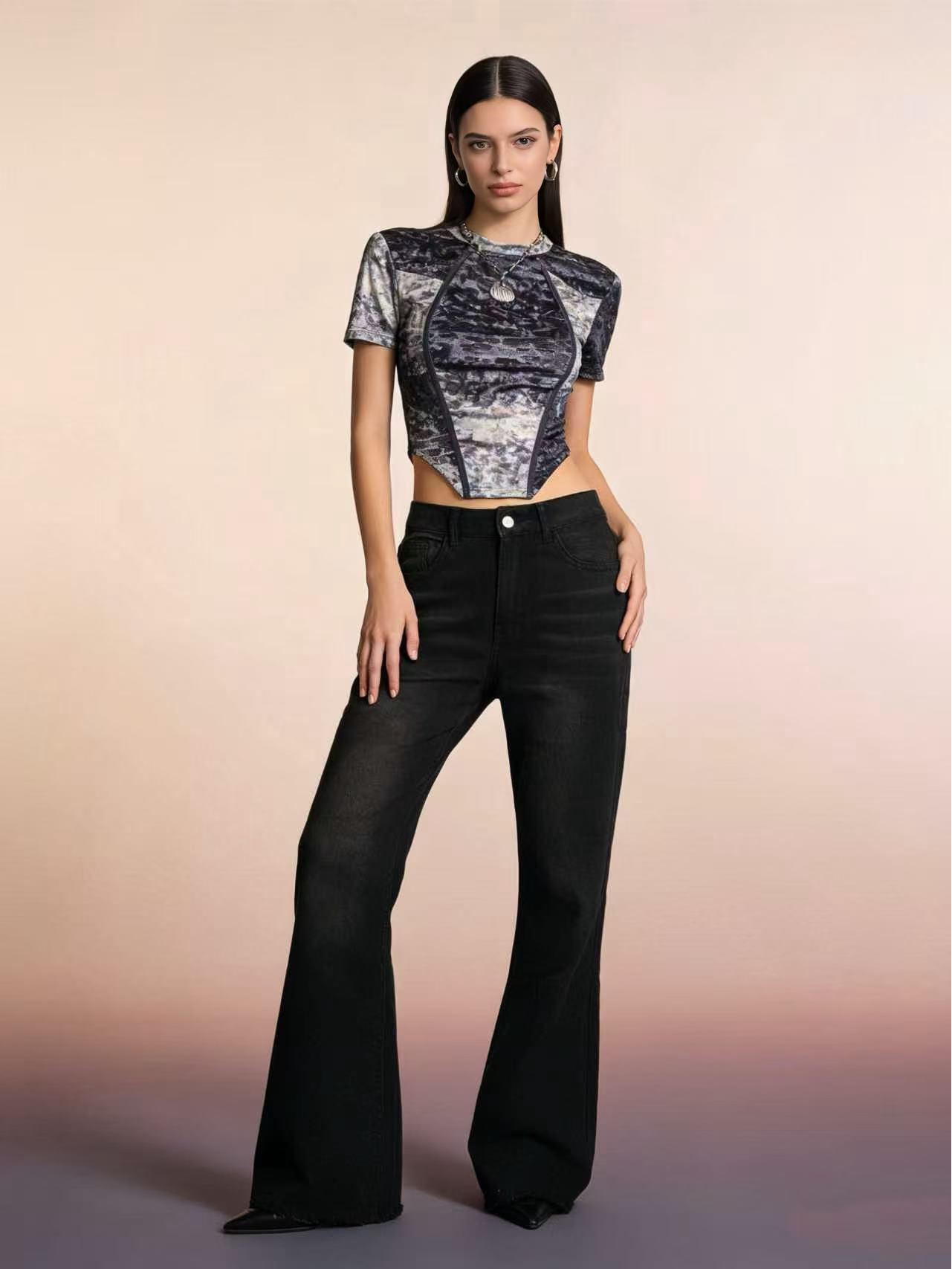 Retro Mid-Waist Micro-Flare Jeans with Frayed Hem Triple Extra Large