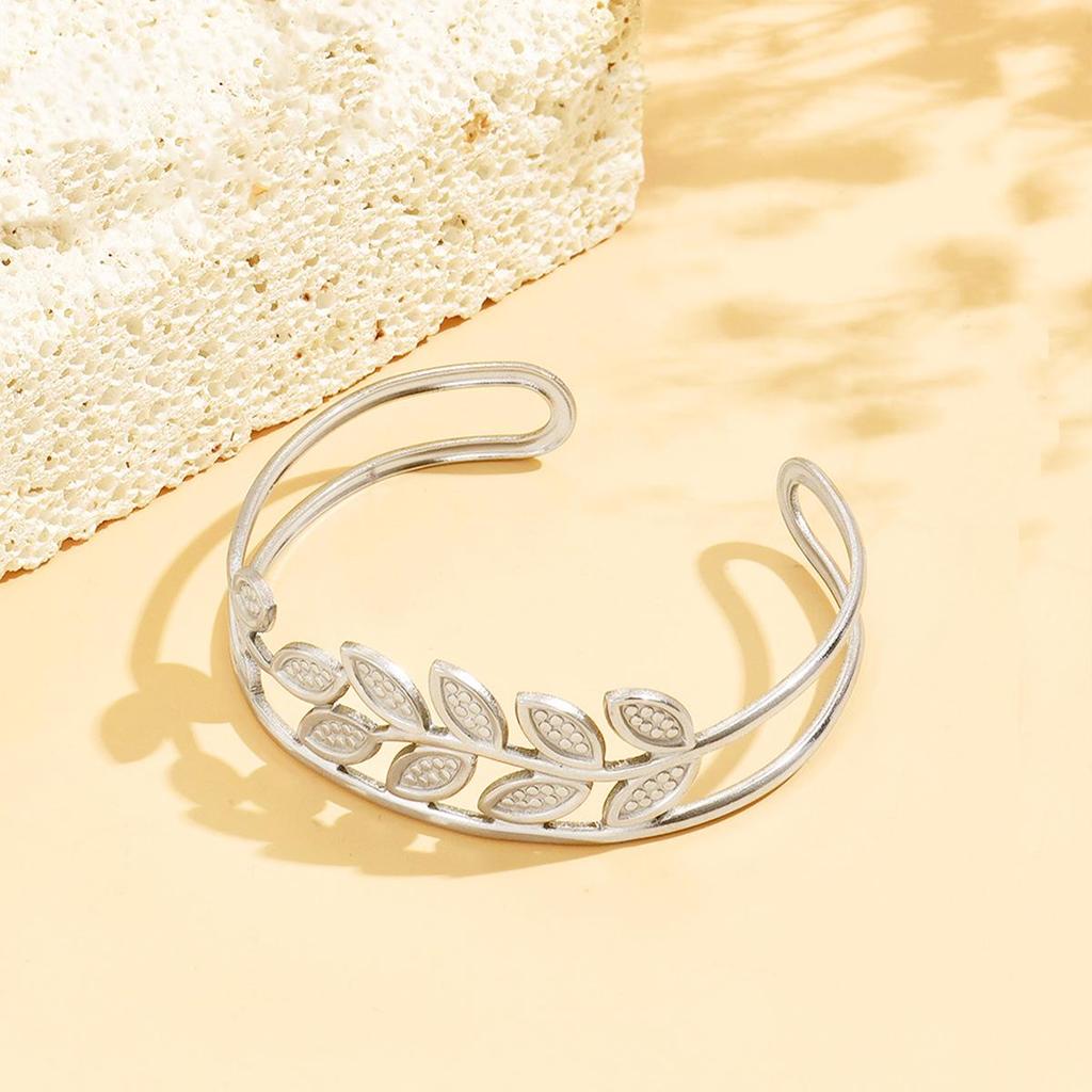 18K Gold Plated Stainless Steel Leaf Bracelet - Hollow Forest Style, European & American C-Shaped Design