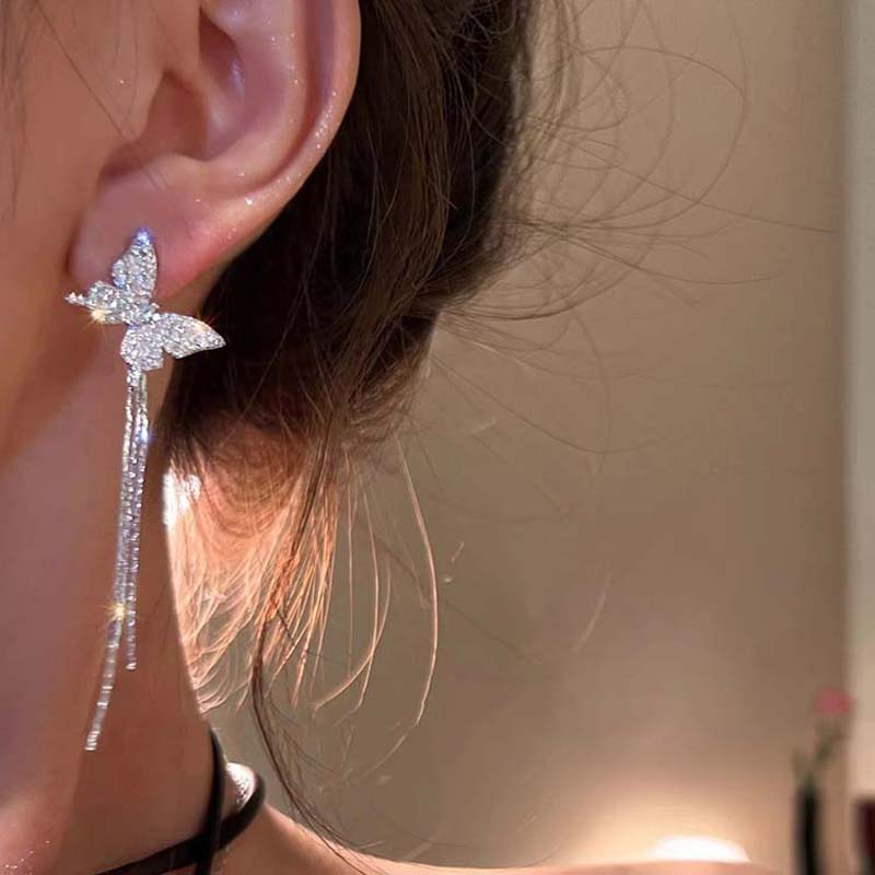 Fashion Asymmetric Butterfly Tassel Earrings for Women 2026 Luxurious Zircon Crystal Tassel Earrings Wedding Jewelry Accessories