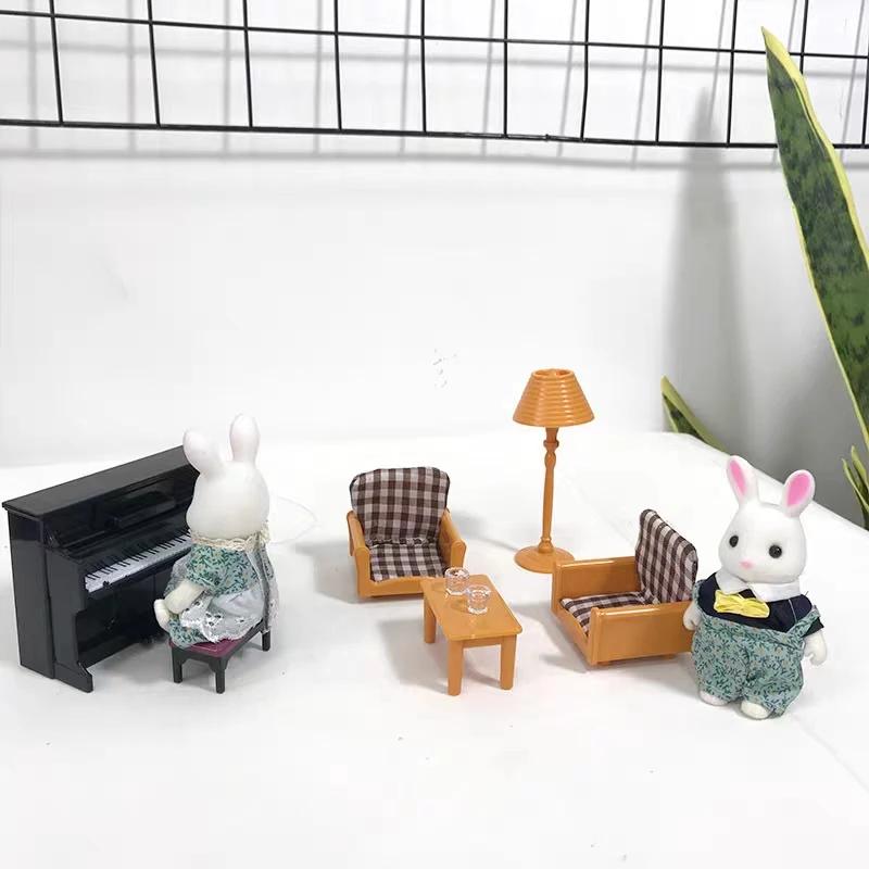 Forest Home Animal Family Mini Rabbit Villa Living Room Kitchen Bedroom Garden Micro Furniture Set Girl Pretend Play Toy Model
