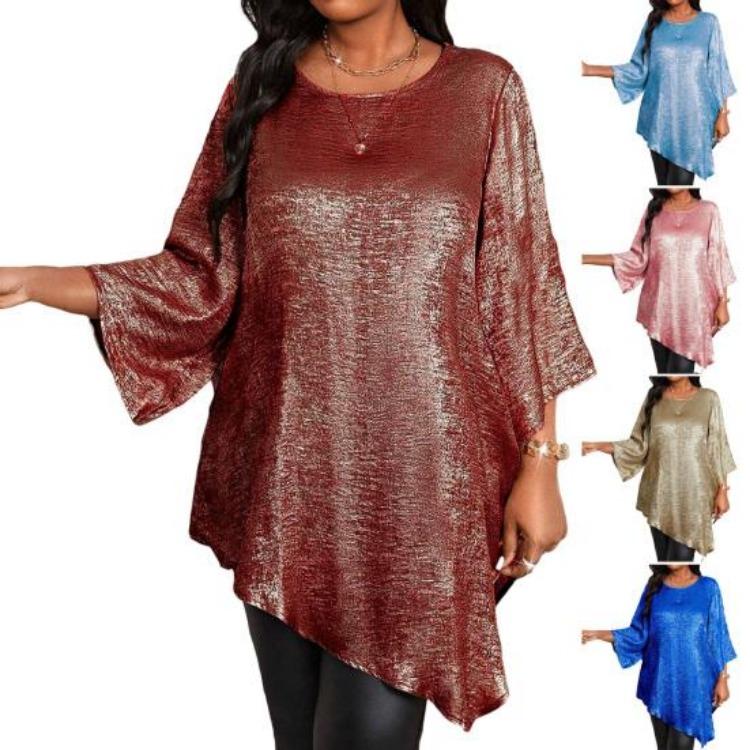 Sparkling Irregular Hem Blouse Women Loose Fit Round Neck Tee Shirt Ninth Length Sleeve Mid Top Daily Wear