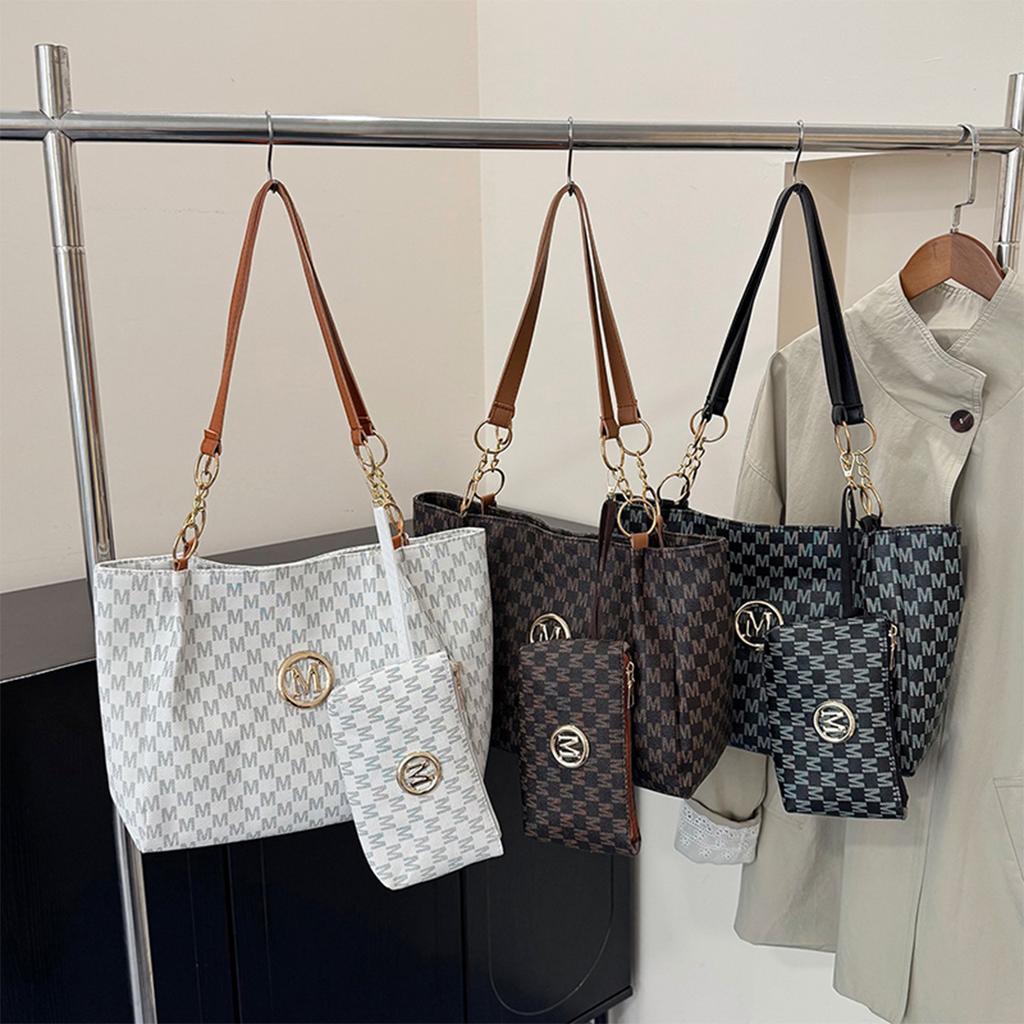 Women's Vintage M Logo Tote Bag Glossy Finish Large Capacity Zipper PU Detachable Pouch Easy Organize for Daily Commute Shopping