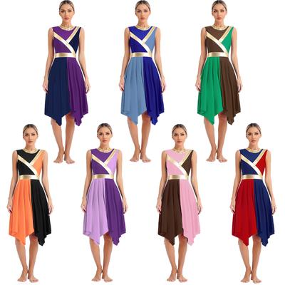 Womens Metallic Color Block Patchwork Liturgical Dance Dress Invisible Zipper Back Round Neck Sleeveless Asymmetrical Hem Dresses Dancewear