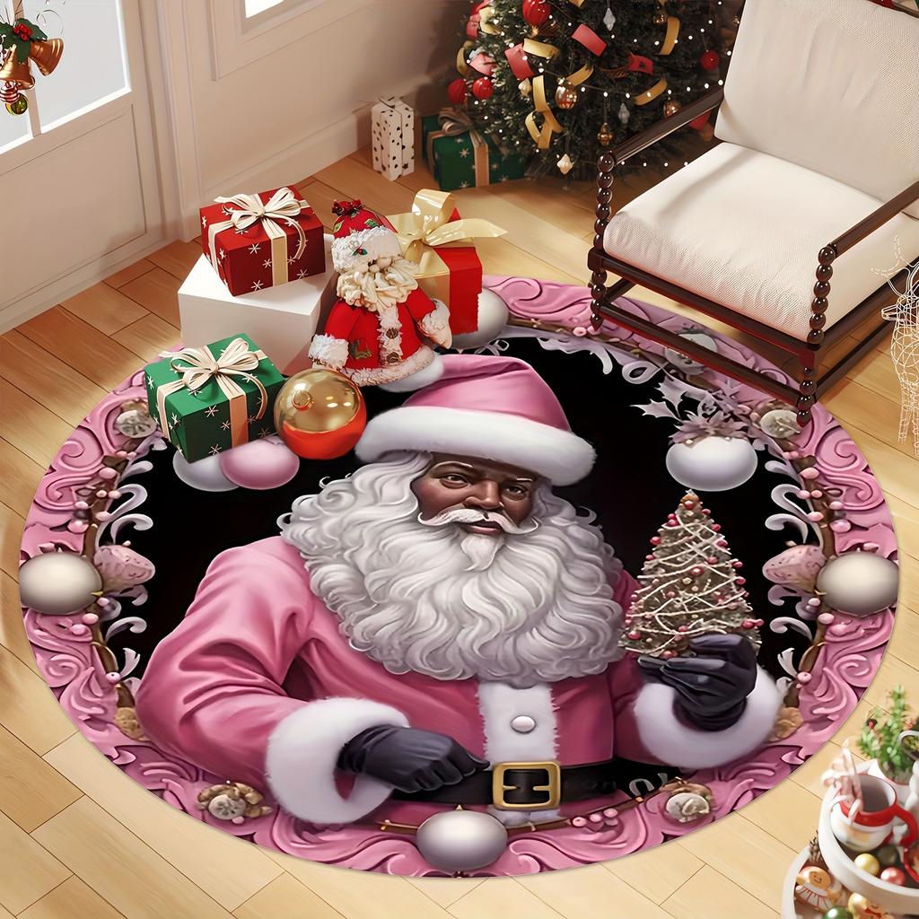1Pcs Christmas Black Santa Pattern Round Area Rug Indoor Non-Slip Washable Fiber Carpet Soft Comfortable Mat For Bedroom Living Room