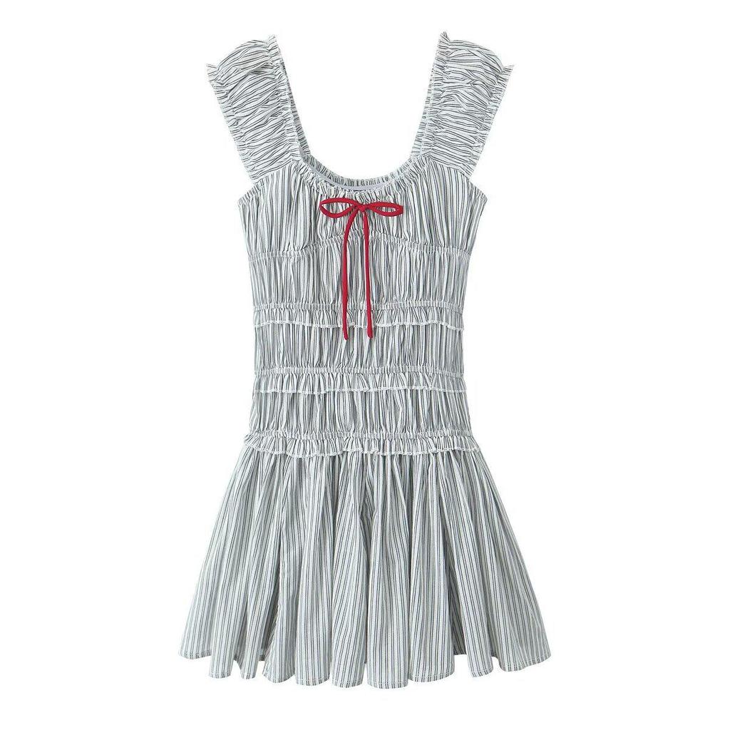 2024 Summer Women's European & American French-Style Striped Off-Shoulder Ruched Mini Dress