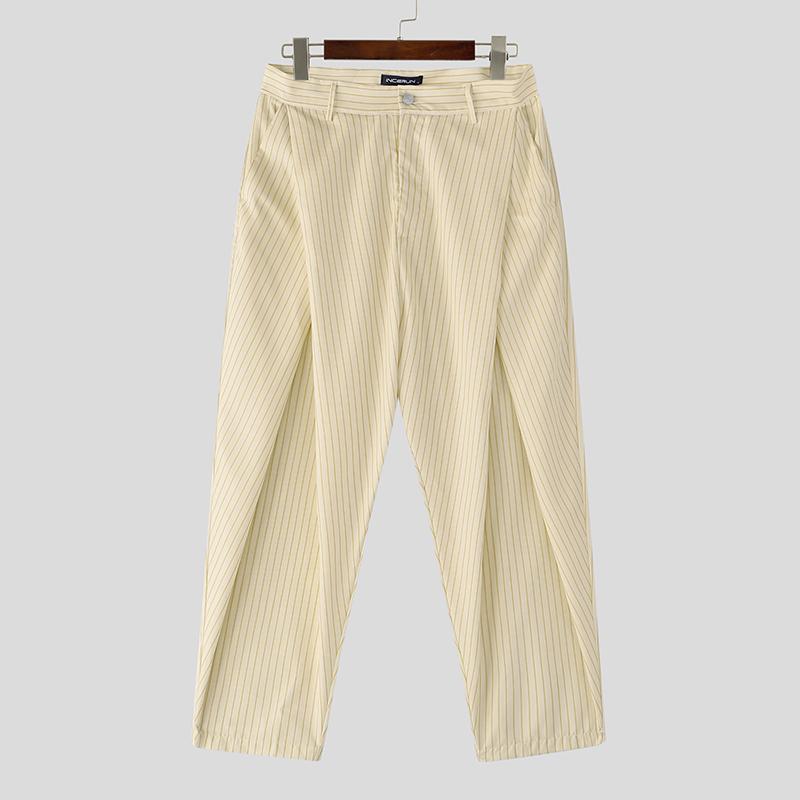 

INCERUN Men Zip-up Waist Front Cross Striped Print Casual Long Harem Pants L хаки
