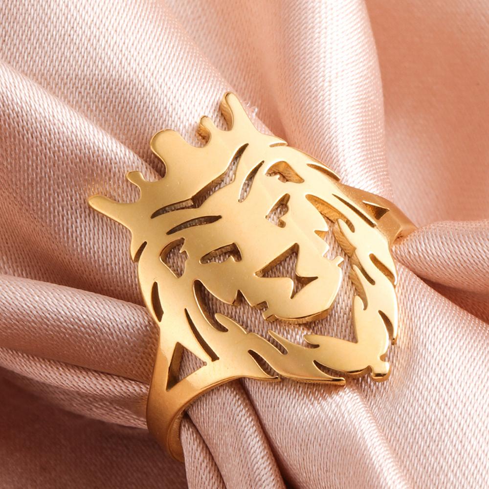 Dawapara Lion Head Ring Adjustable Norse Animal Totem Ring Strength Talisman Wedding Band Stainless Steel Jewelry