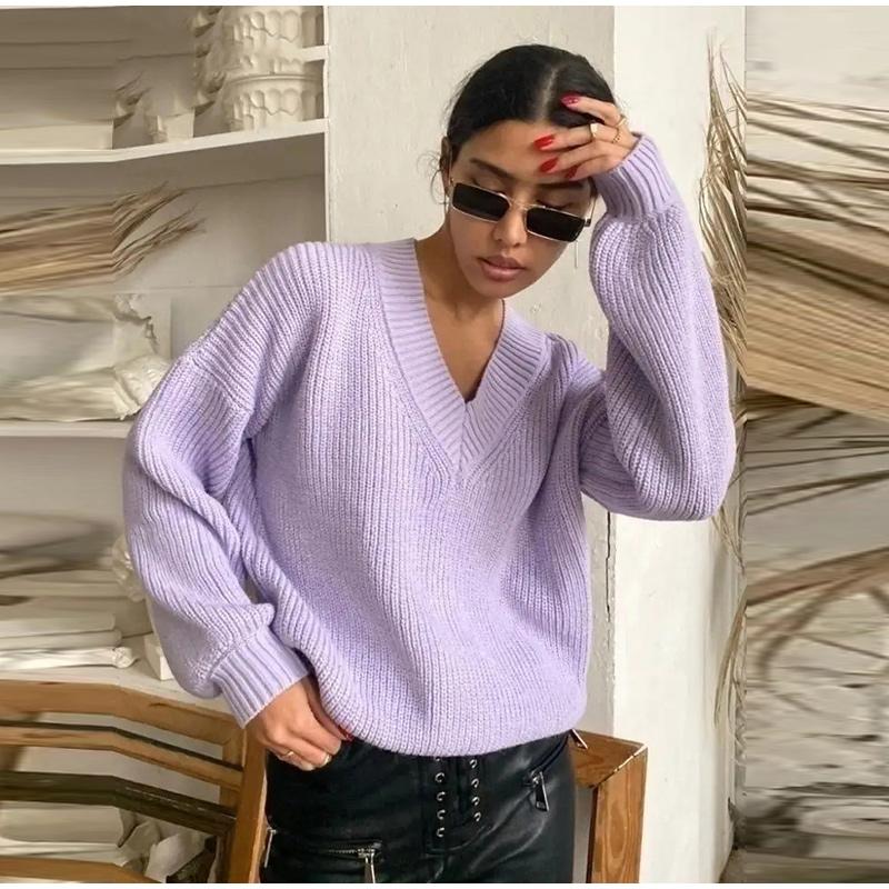 Autumn and Winter Women's Knitted Sweater Casual Pure Color Long Sleeved V-neck Pullover