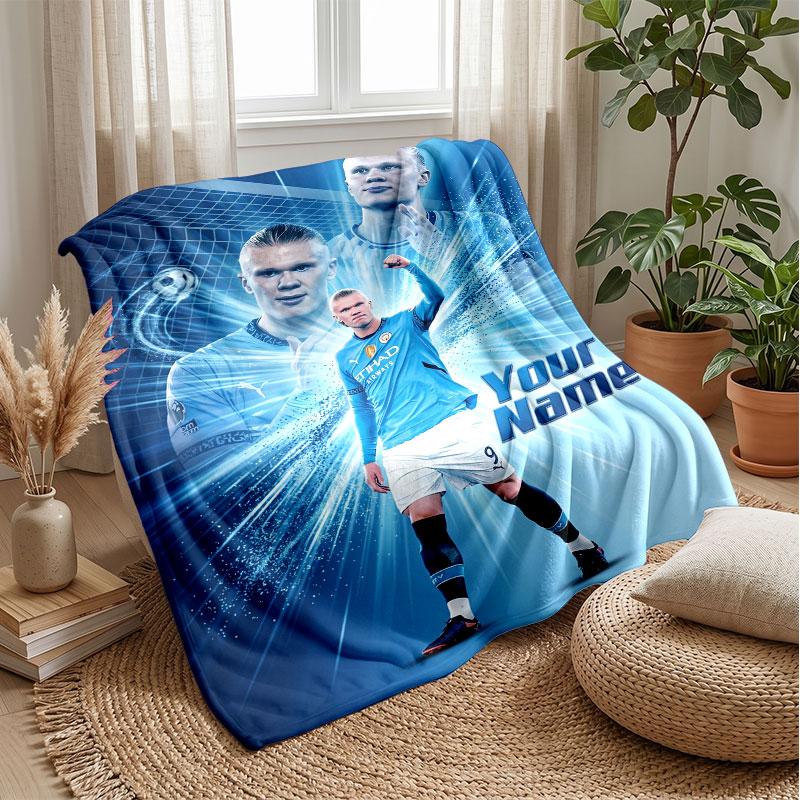 Erling Haaland Custom Name Text Flannel Blanket Soccer Logo Personalized Fleece Throw Blanket Special Gift For Sofa Bedroom Home