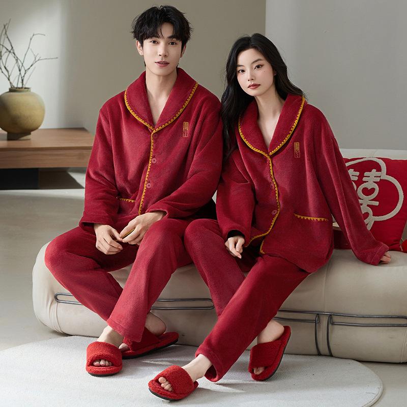 Fleece Thickened Flannel Red Pajamas Wedding Couple Suit Autumn And Winter Coral Fleece Men'S And Women'S Loungewear