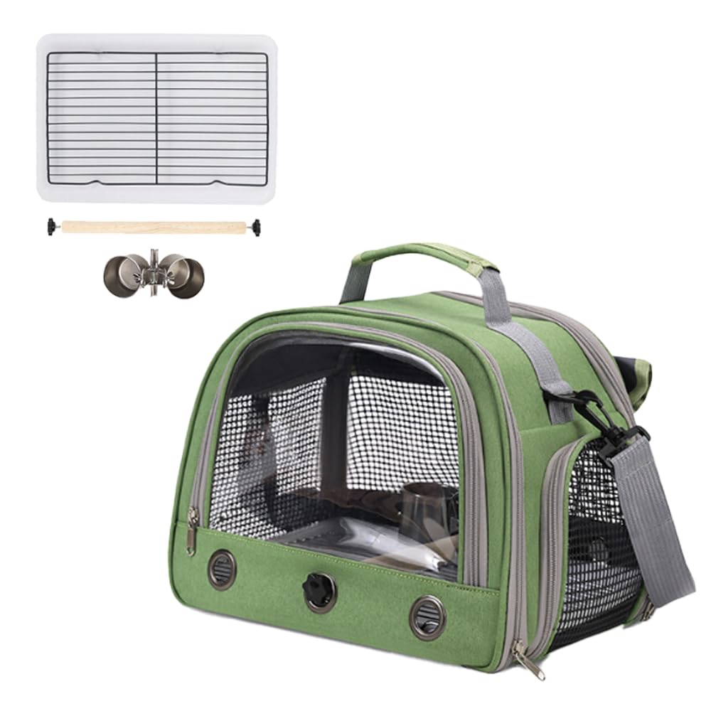 FUPUONE Bird Carrier Case, Transparent, with Perch and Cup, Mesh (Green)