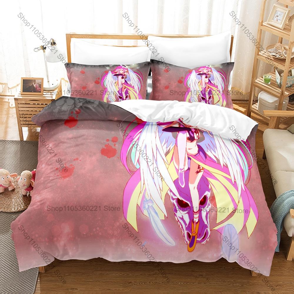 No Game No Life Duvet Cover + 2 Pillowcases, Classic Fantasy Anime Print Bedding Set Soft Fabric Decor Gift for Anime & Game