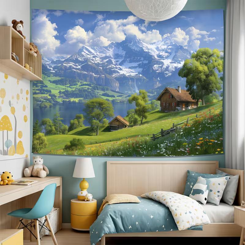 2D Swiss Countryside Tapestry, Snow-Capped Mountain & Lake View Wall Hanging for Home Decor