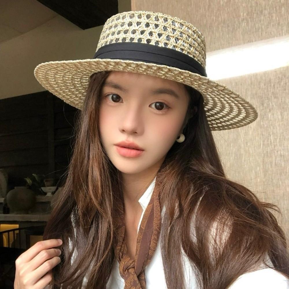 Wide Brim Straw Hat UV Protection Beach Hats French Flat Top Hat for Women