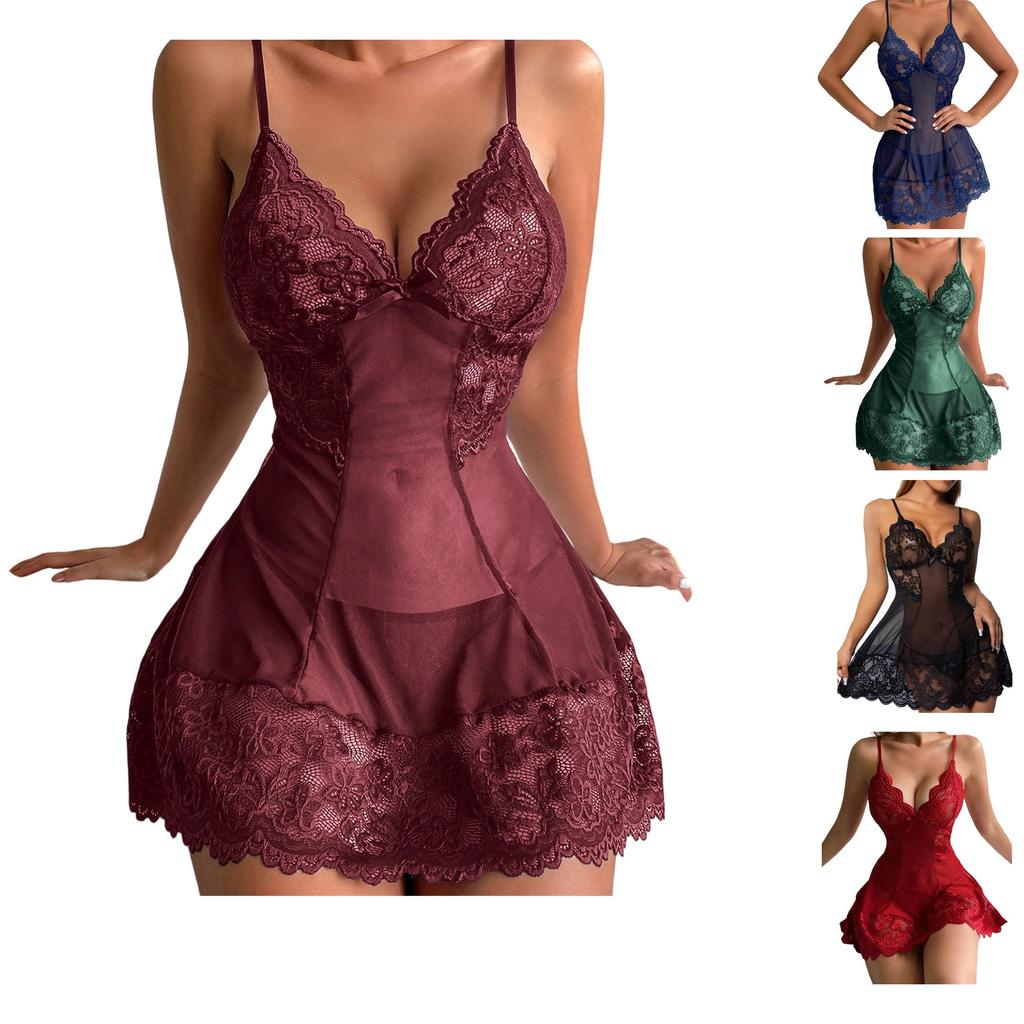 Women Lace Satin Nightdress Adjustable Spaghetti Straps V Neck Sleepwear Chemise Floral Lace Trim Soft Fabric Lingerie Nightgown for Ladies