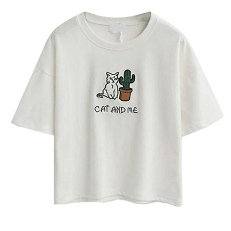 Damen Sommer Neu Einfach Kurz Kaktus Stickerei Kurzarm Nabel Baumwoll-T-Shirt