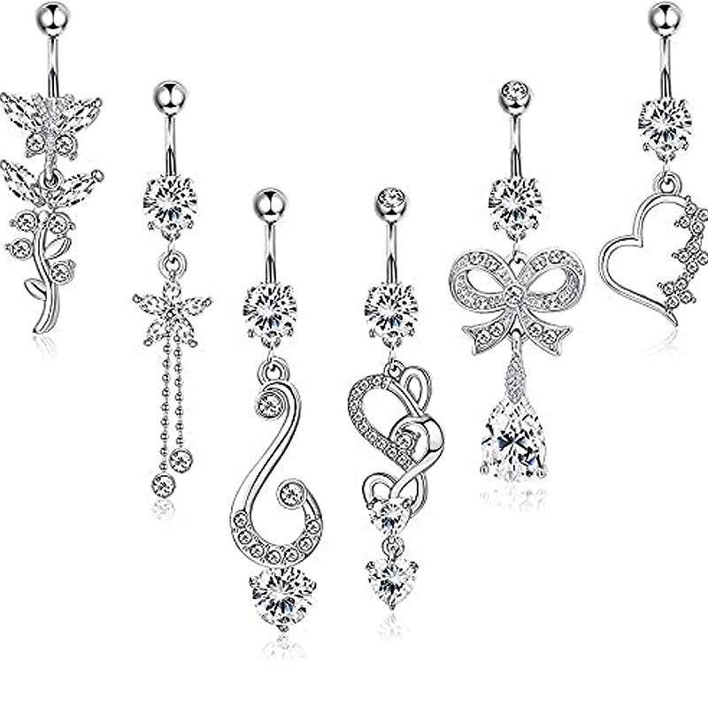 Navel Ring Set: 6-Piece Zircon Belly Button Rings with Bow and Water Drop Pendant