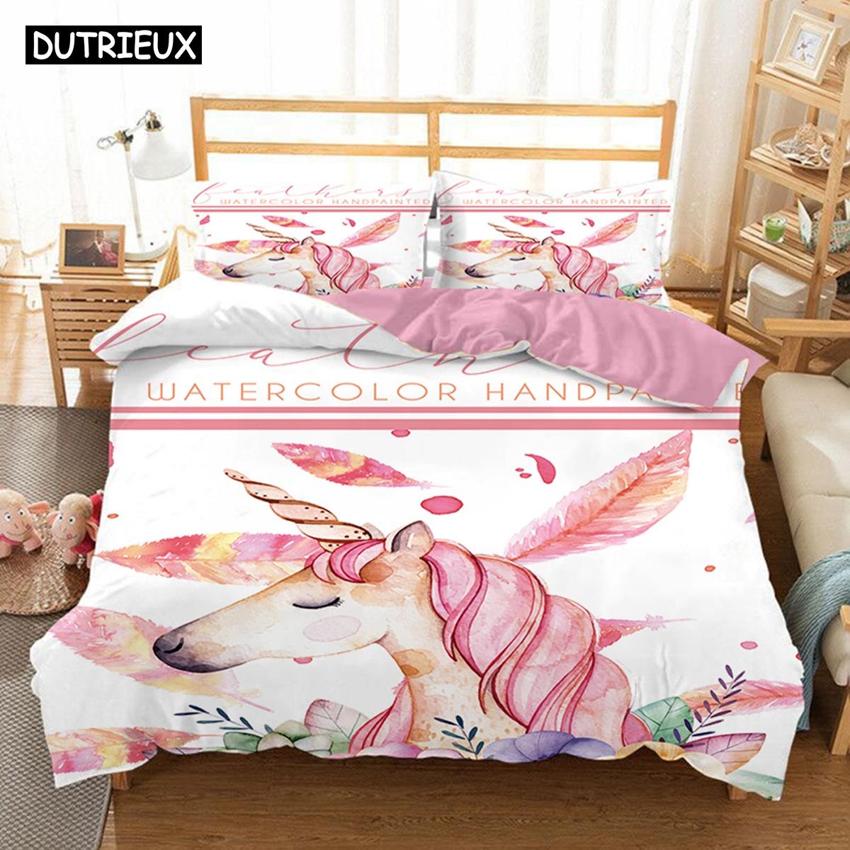 

Modern Cozy Queen King Hot Cartoon Unicorn Kids Girls Pink 3D Bedcllothes Animal Printed Size Home Bed Linens Quilt Comforter (quilt)-EU Single(135*200cm)3pcs