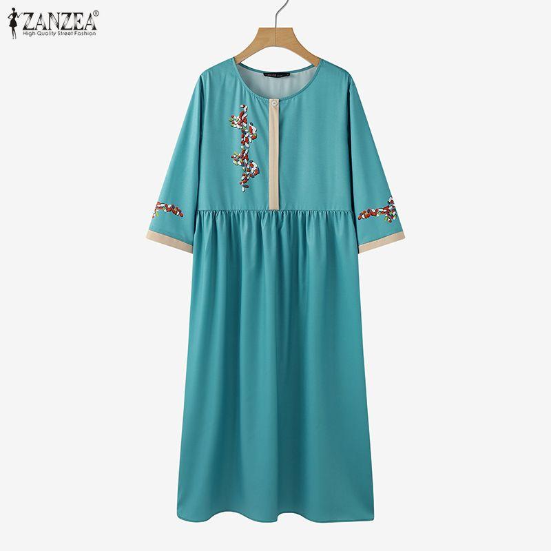 ZANZEA Women Casual Round Neck Loose 3/4 Sleeve Long Dress