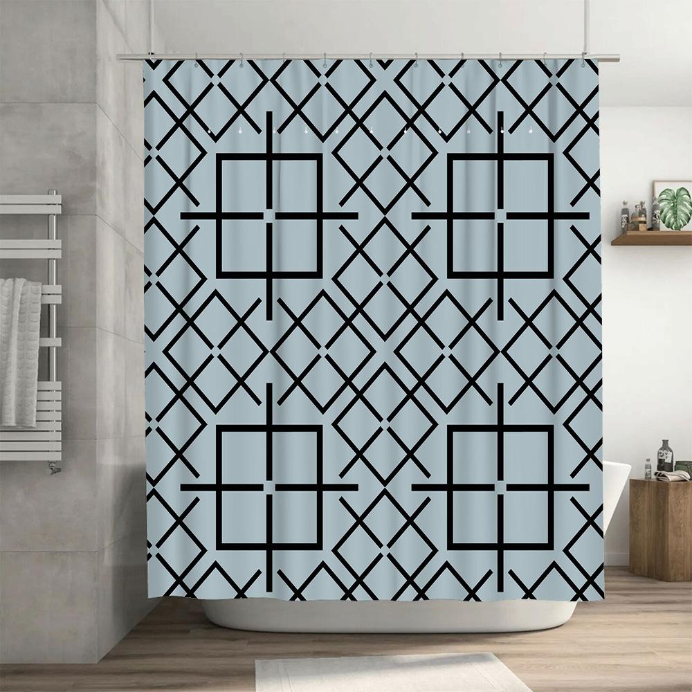 Modern Blue Rectangular Pattern Bathroom Shower Curtain Waterproof Fabric Home Decoration For Bathtub Decor Set-In Floral Bath R