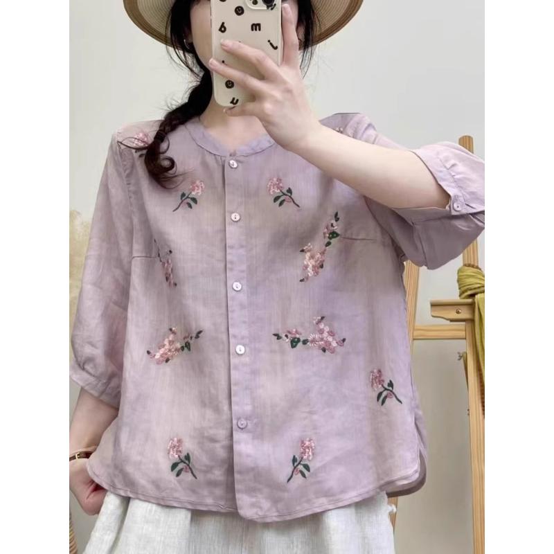 Cotton and Linen Women's New Round Neck Printed Versatile Three-quarter Sleeve Top Thin Heavy Embroidered Shirt