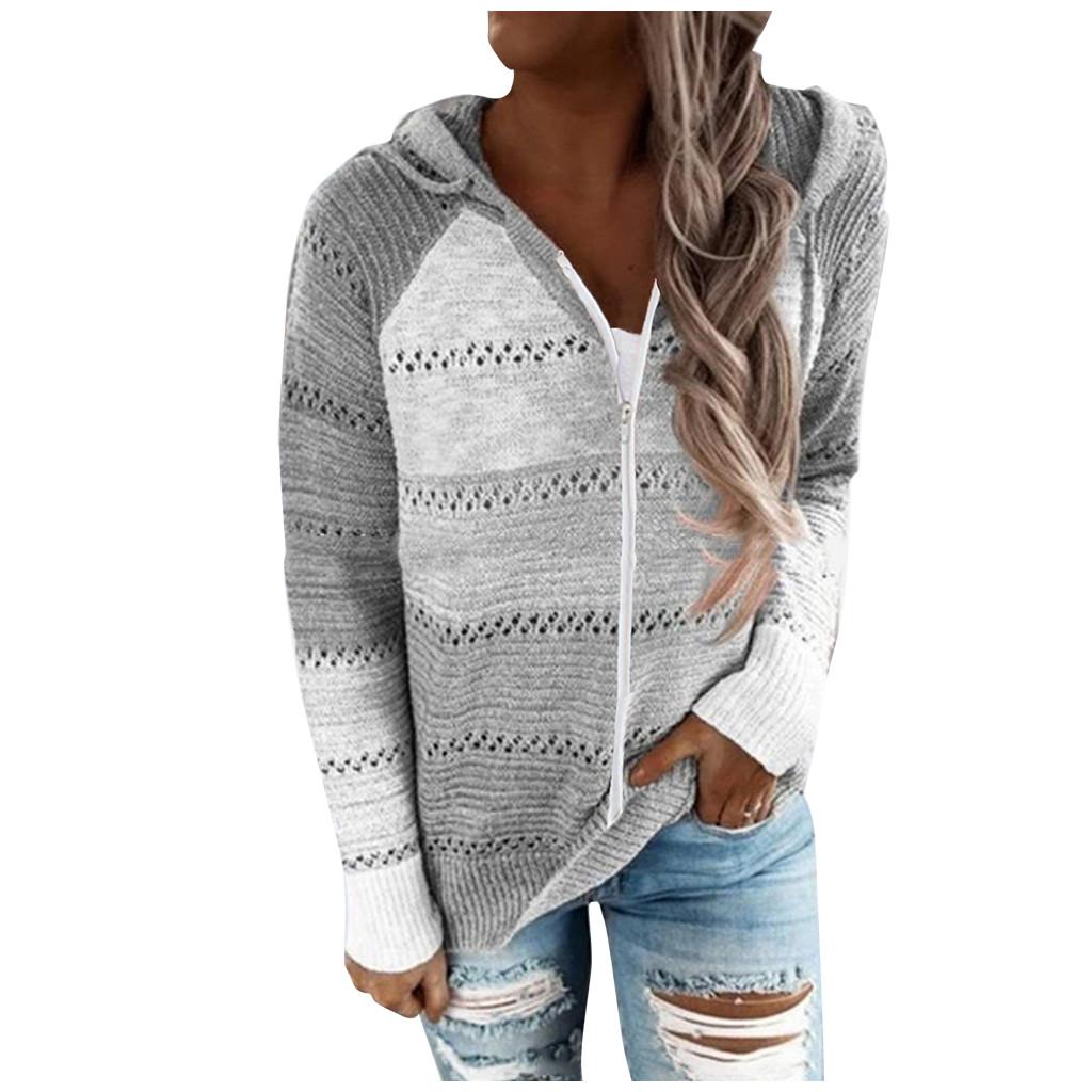 Fashion Women Casual Patchwork Long Sleeves Hooded Sweater Cardigan Blouse Tops
