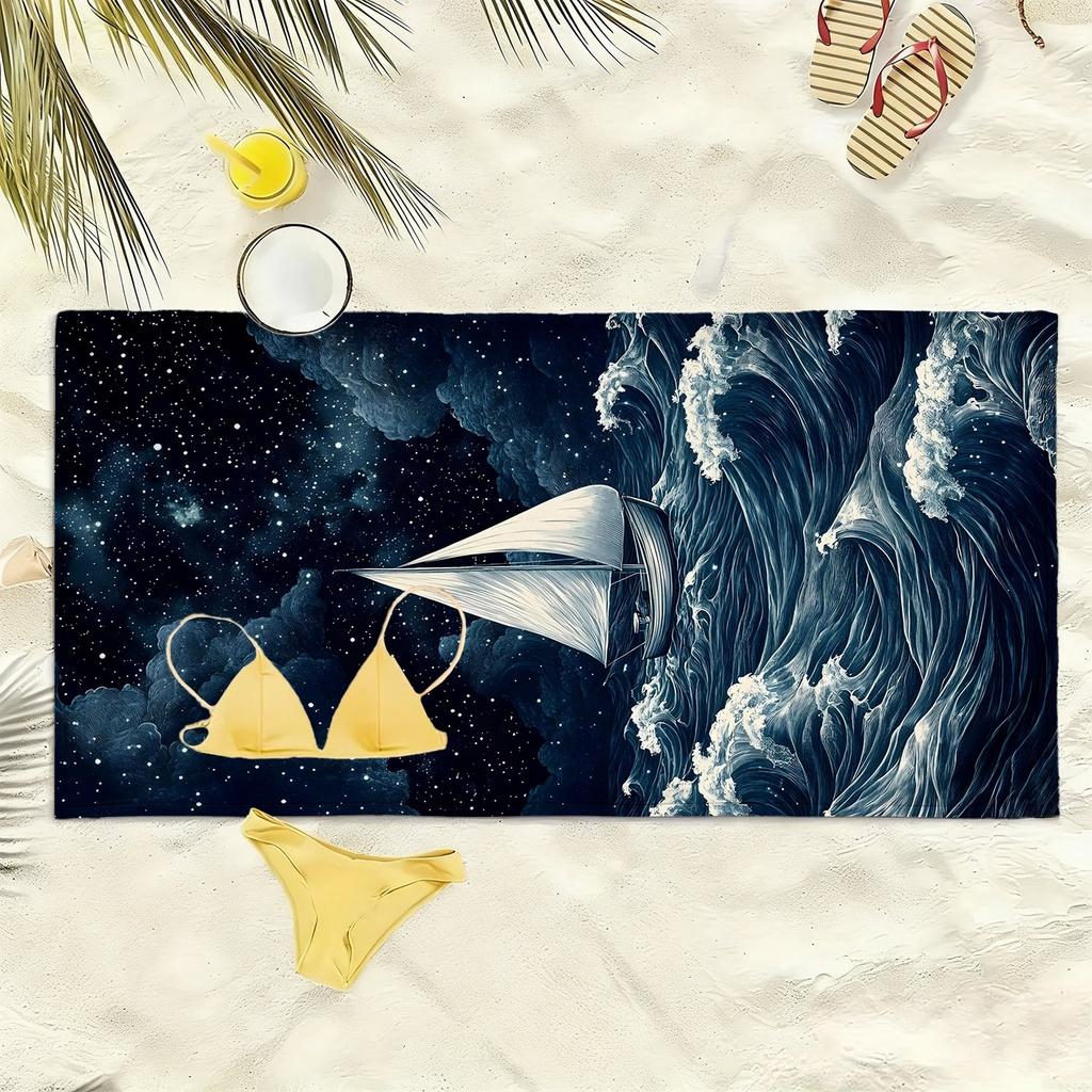 Toalla de playa de microfibra de poliéster con diseño de velero, cielo estrellado y olas del océano es muy absorbente, adecuada para salidas a la playa y natación.