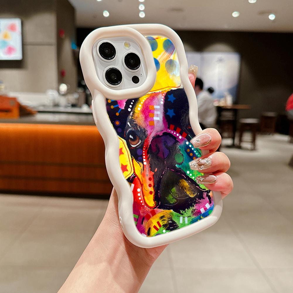 Macaron Big Wave Soft Phone Case for iPhone 11 12 13 14 15 Samsung A13 A14 A15 A24 A53 A54 A55 Xiaomi Redmi Note 13 12C Cover A44 French Bulldog Dog