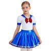 Costum de marinar pentru fete Bloc de culori Patchwork Luciu metalic Gât rotund Mânecă scurtă Cravată detașabilă Rochie bufantă