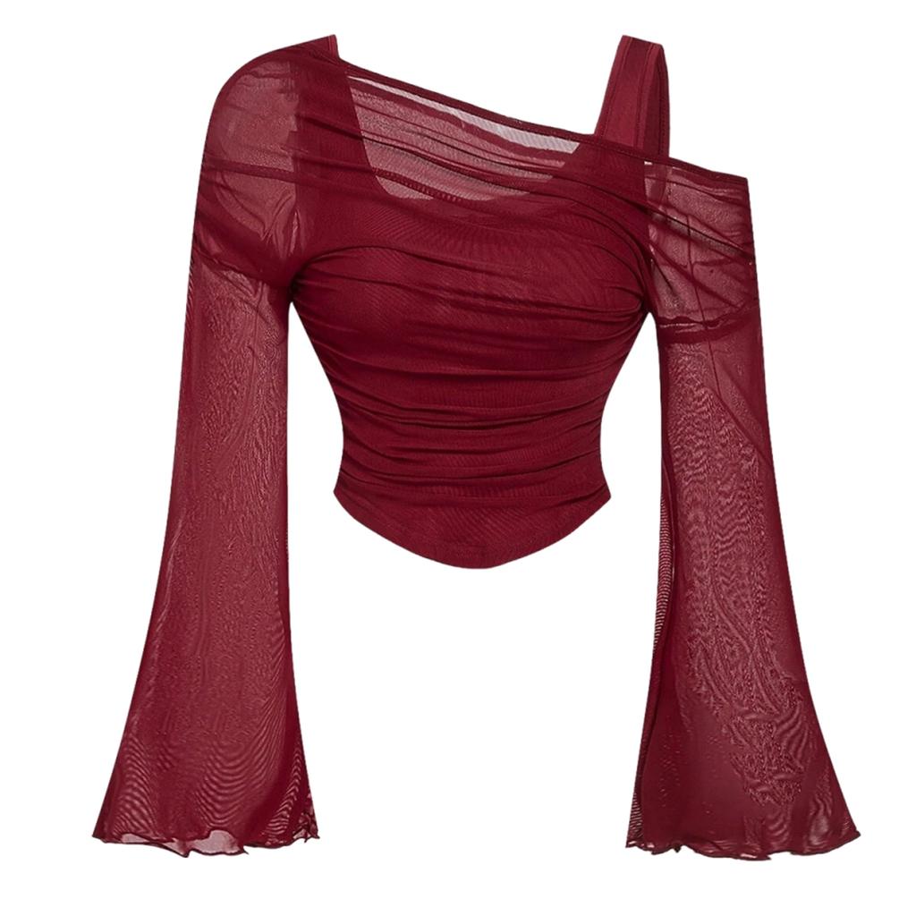 Women’s Ruched Mesh Long Sleeve Short Top Asymmetrical Neckline Fitted Blouse with Sheer Flared Sleeves for Daily Wear
