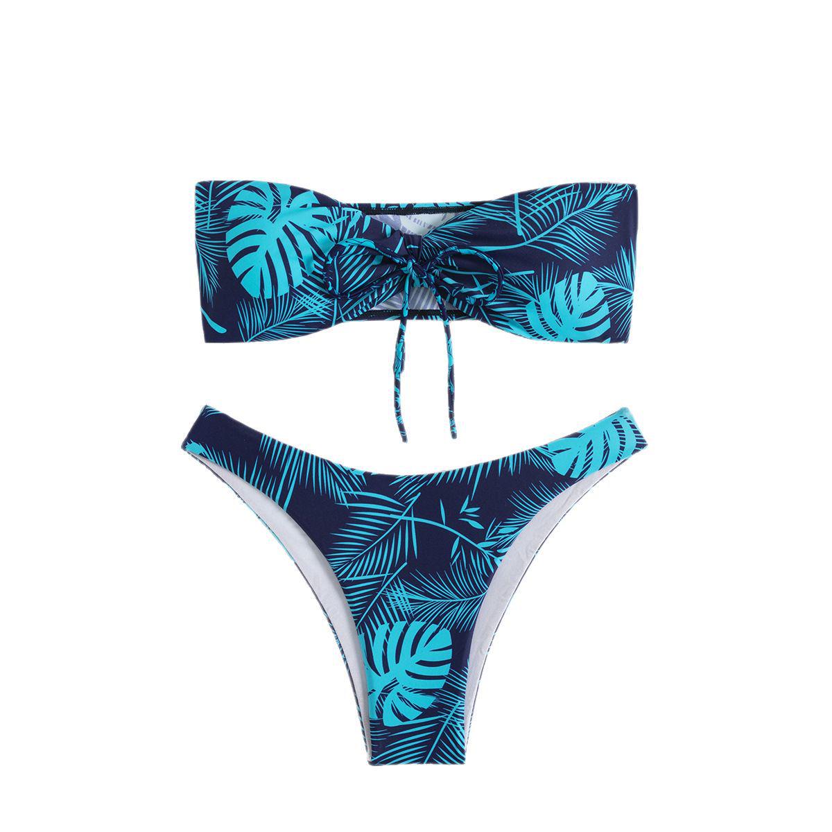 

25 Новых Европейских Принтов Комплект Бикини без Бретелей и с Открытой Спиной для Молодых Женщин - Сексуальный Купальник с Низкой Посадкой Large темно-синий