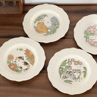 Japanese Cute Cartoon Cat Ceramic Relief Plate Dessert Cake Noodle Plate Household Dish Plate Western