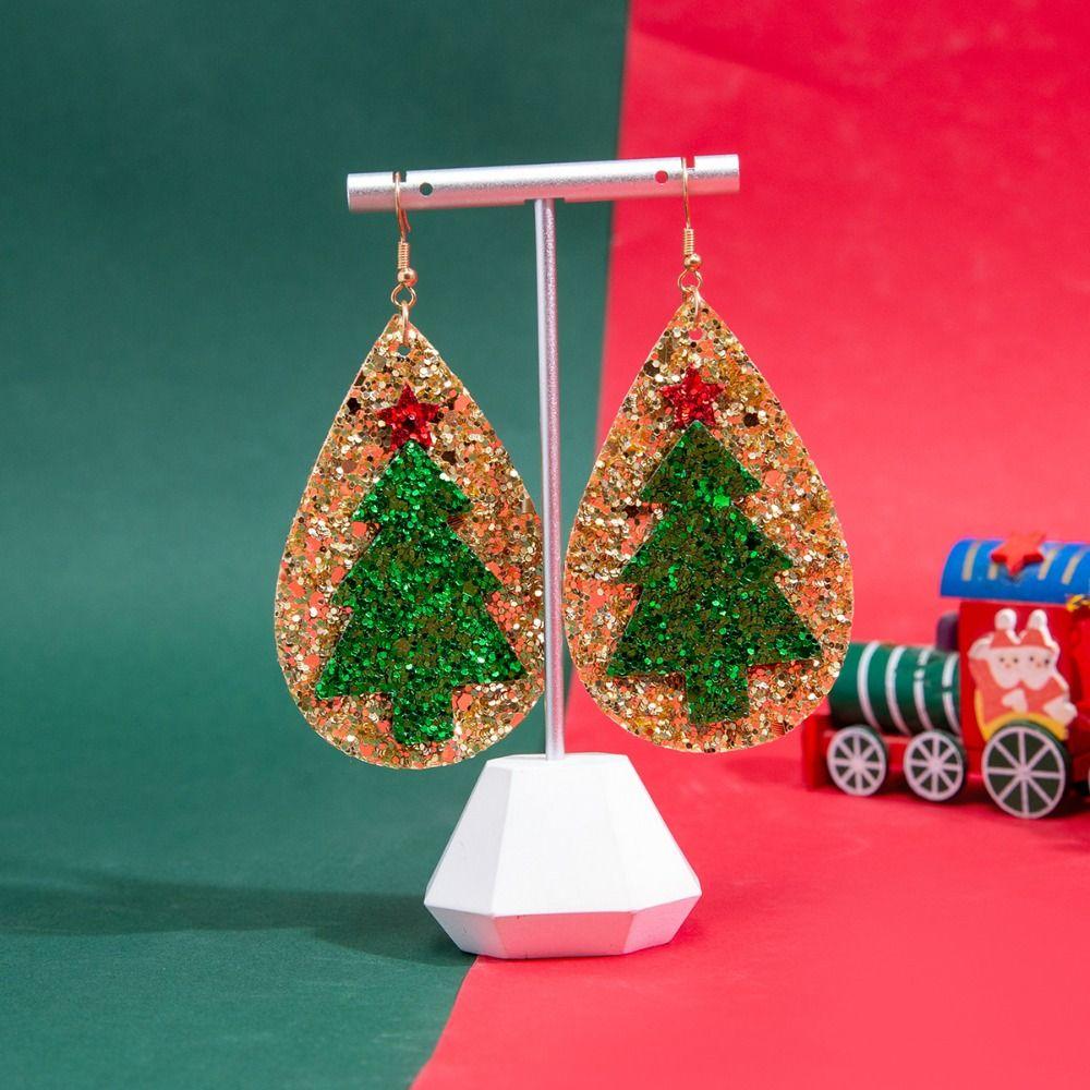 Glitter Christmas Earrings Leather Elk Drop Earrings Fashion Christmas Tree Ear Studs  Xmas