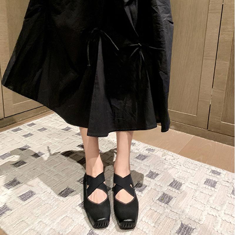 Single Shoes Women's Leather Ballet Shoes Women's Mary Jane Shoes Mid-heel Cross with Square Head Retro Light Mouth Thick Heel Soft Sole Dance