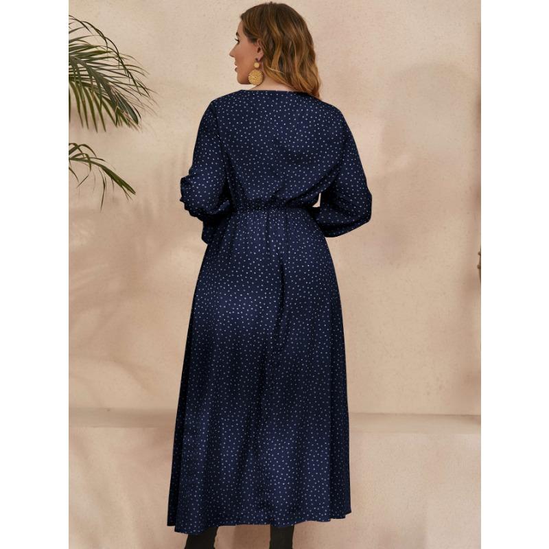 Jarné a jesenné dámske šaty nadmerných veľkostí s bodkovaným vzorom, voľné šaty s dlhým rukávom