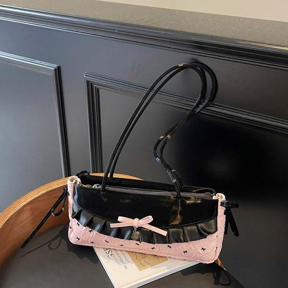 Black French Stick Handbag Denim Blue Cloth Underarm Bags Shopping Plaid Bow Shoulder Bag Travel