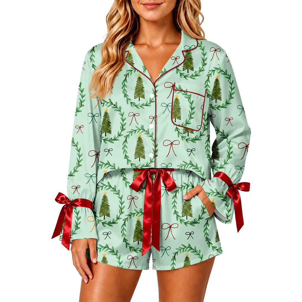 Women's Christmas Pajama Set With Button Down Shirt And Shorts, Holiday Sleepwear