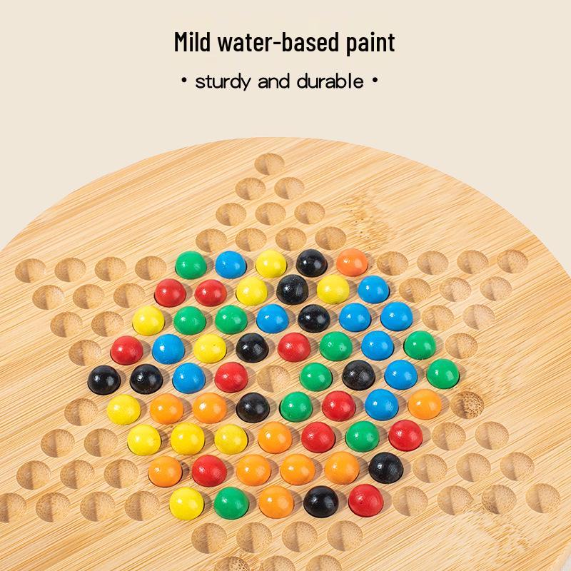 Children's Hexagonal Bamboo Jump Checkers Game with Colorful Wooden Beads, Parent-Child Interaction Board.