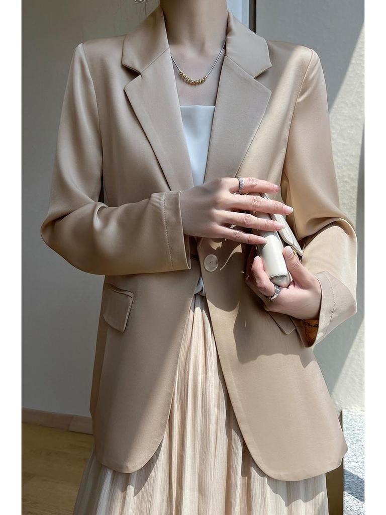 White Silk Satin Women's Suit Jacket - High-End Korean Style for Spring/Autumn 2025