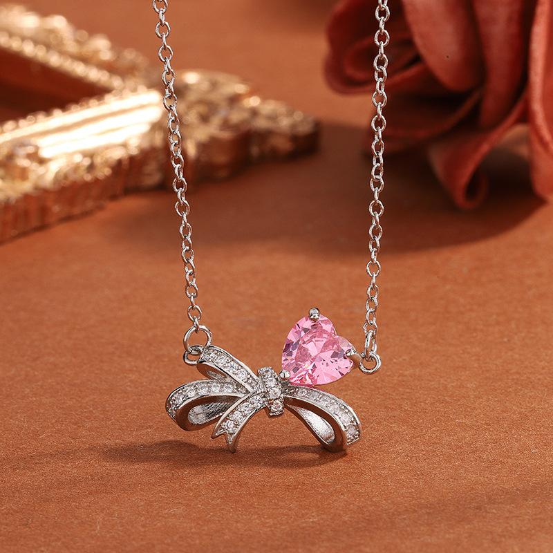 Send Girlfriend Feeling Flash Bow Necklace Niche Design Day Diamond Collarbone Chain Powder Simple Women'S Zirconium Pendant