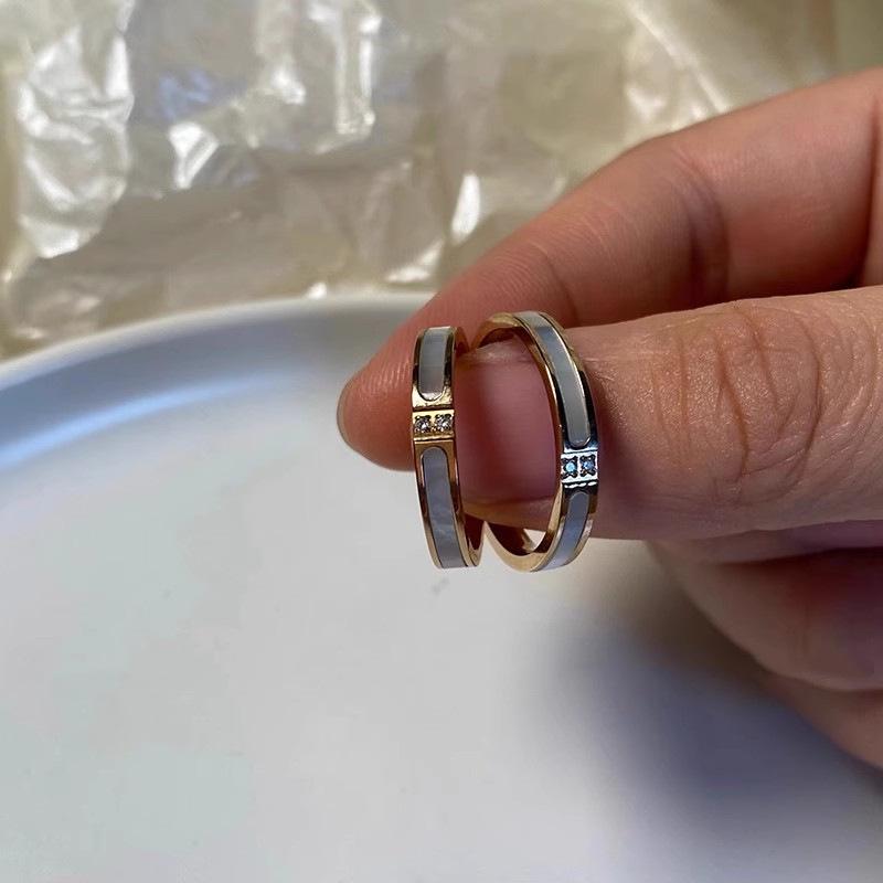 Micro-inlaid White Shell & Diamond Gold-Plated Ring In Titanium Steel for Women