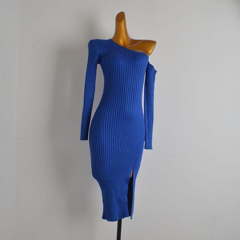 

Western Style Gyaru Sexy One-Shoulder off-Shoulder Long sleeve Knitted dress Women Spring and Autumn Slim fit Slimming Split Hip Skirt Blue All yards