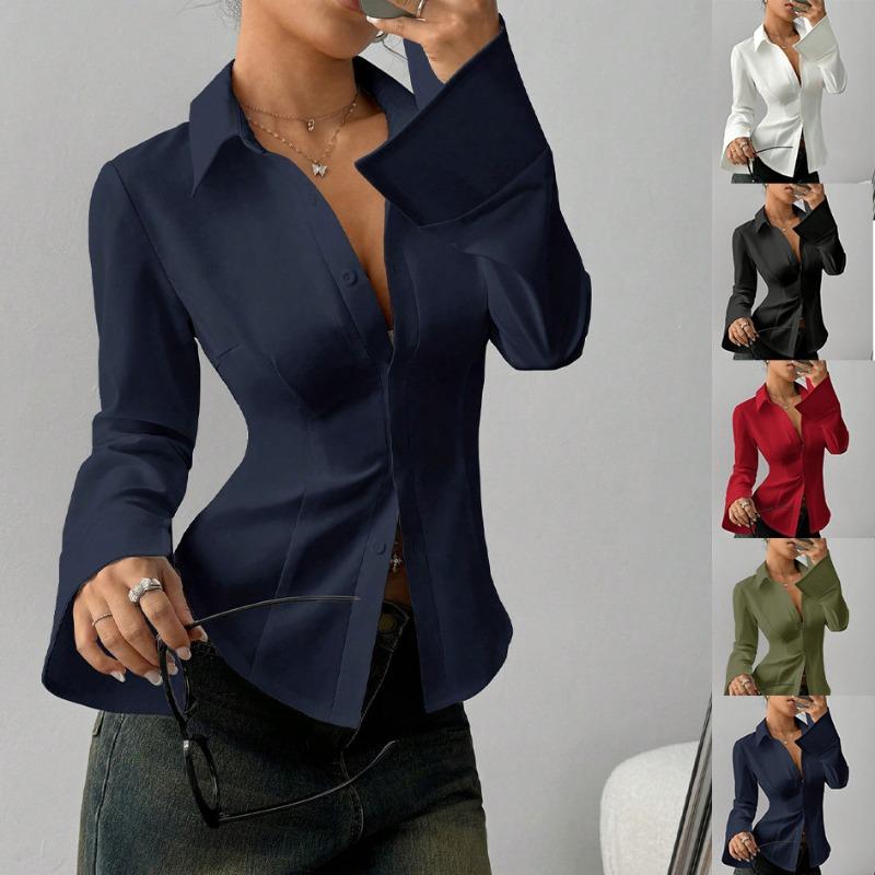 Camicia Casual da Pendolare da Donna, Vestibilità Aderente, Bottoni, Maniche Lunghe Svasate