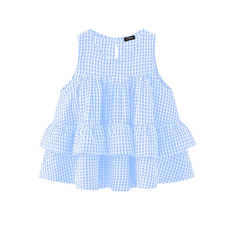 VONDA Summer Women Sleeveless Plaid Print Ruffled Tank Tops T-shirts